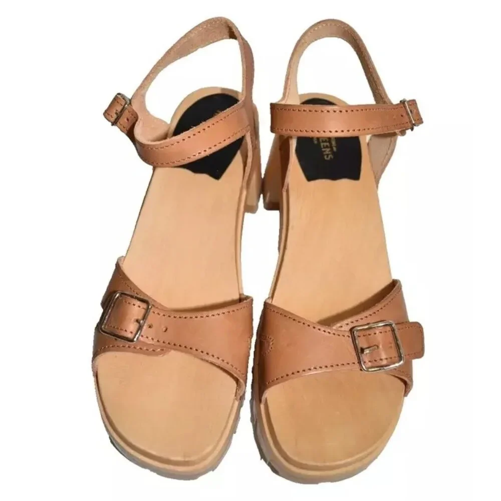 $320 Swedish Hasbeens Buckle Clog Sandals LEATHER BROWN PLATFORM 39 (DB7) - Picture 3 of 8